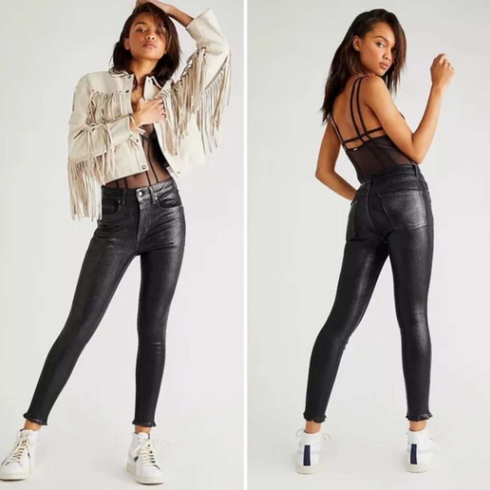 We the Free Black Coated High Rise Skinny Jeans Raw Hem